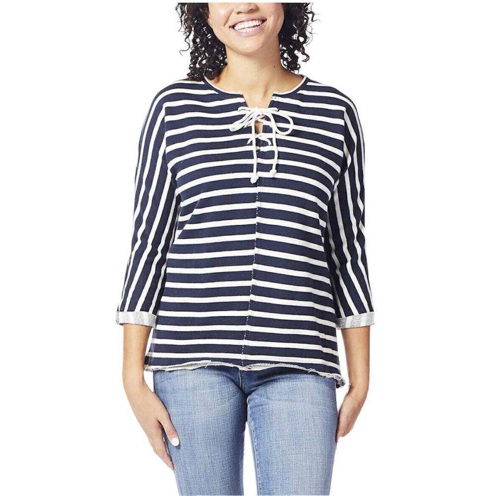 Jag Debbie Stripe Lace Up Top‎ Womens Large Coastal Grandma Navy Blue